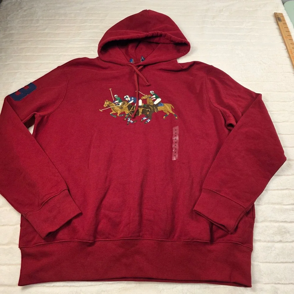 Polo Ralph Lauren Triple Pony‎ Embroidered Hoodie Mens XL Red Fleece Sweater